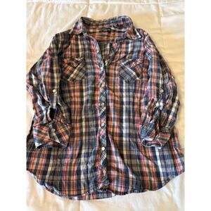 Company One Petite PXL Plaid Button Down Shirt Navy Red Cotton Roll Tab Sleeve
